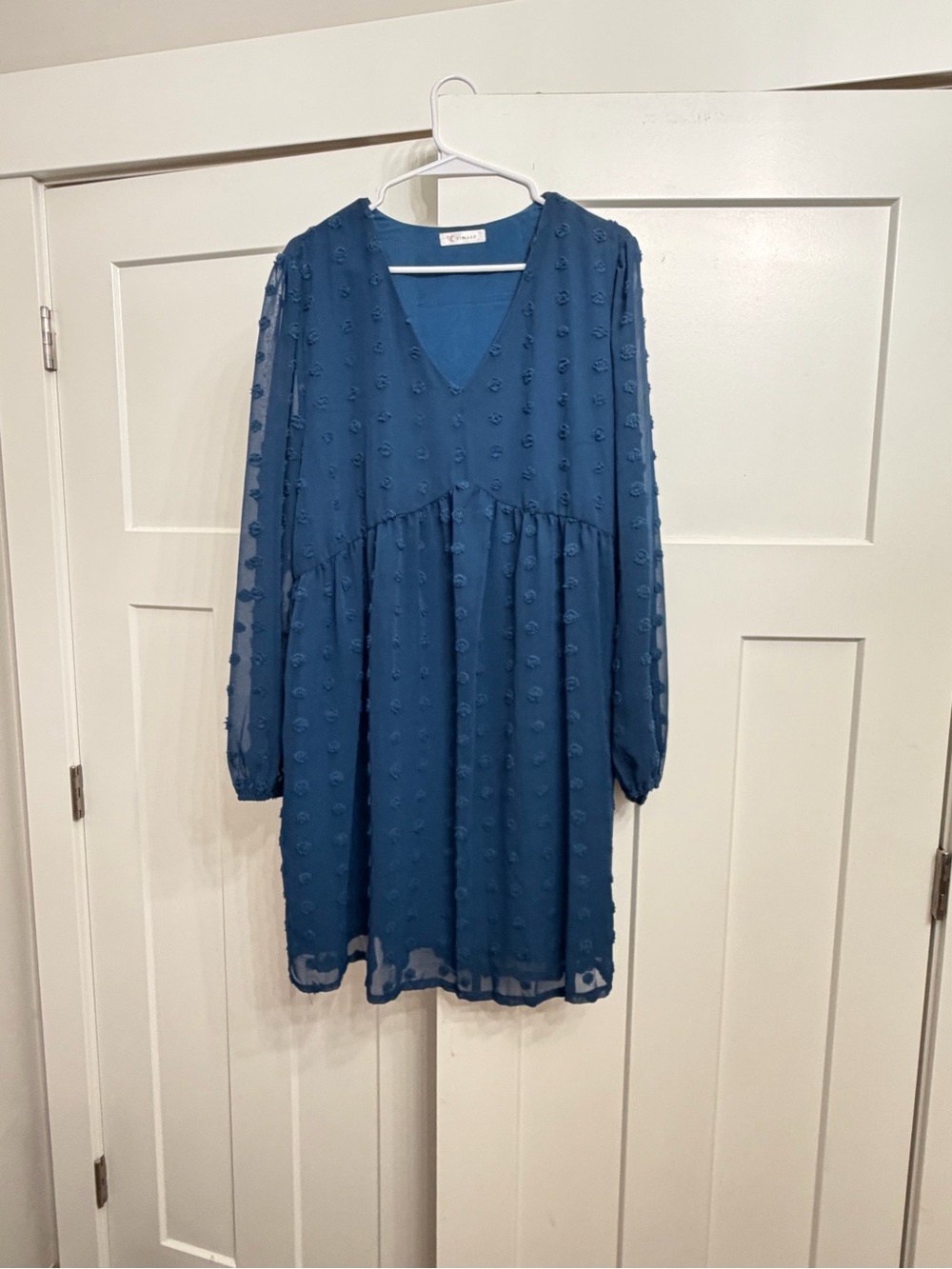 Blue Textured Long Sleeve V-Neck Babydoll Dress